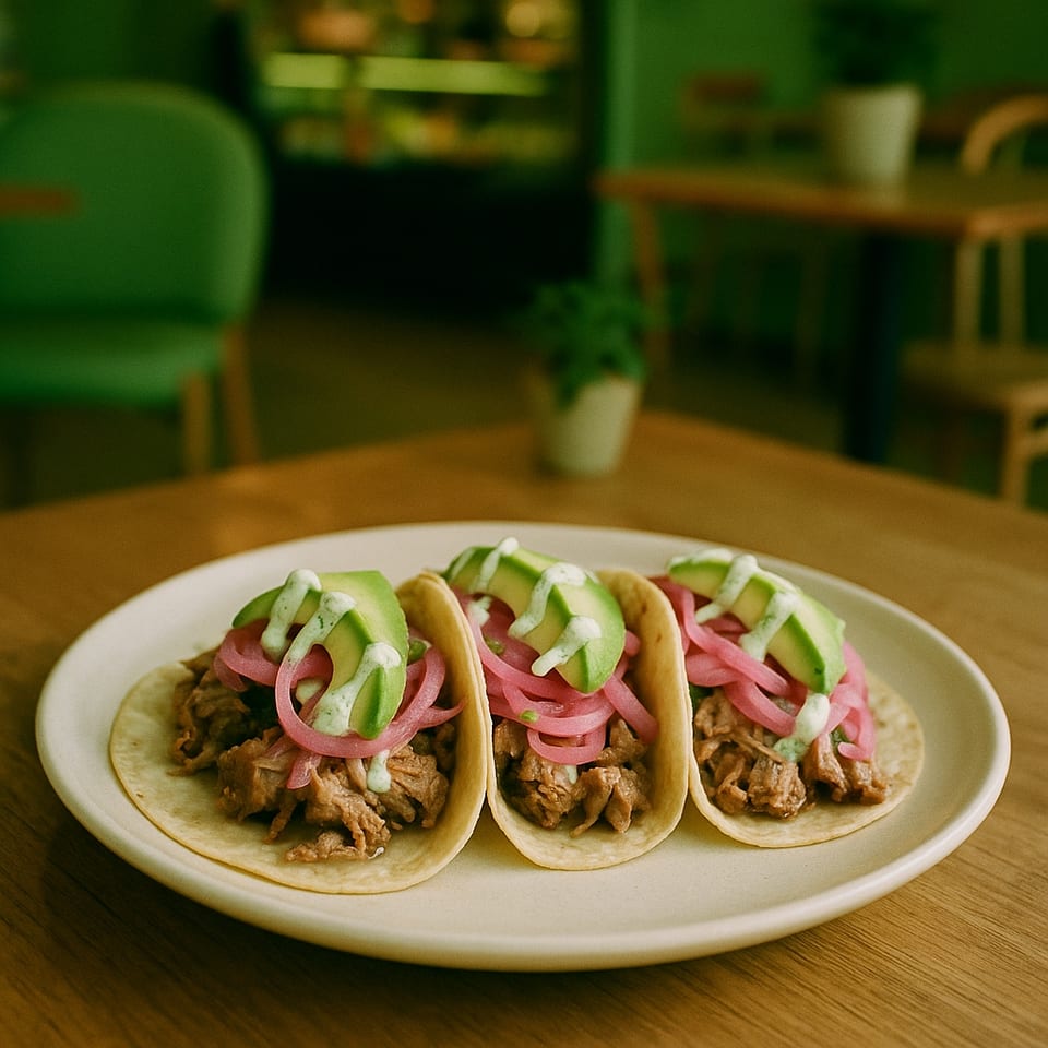 Three tacos with meat, pickled red onions, avocado slices, and a creamy sauce on a white plate.