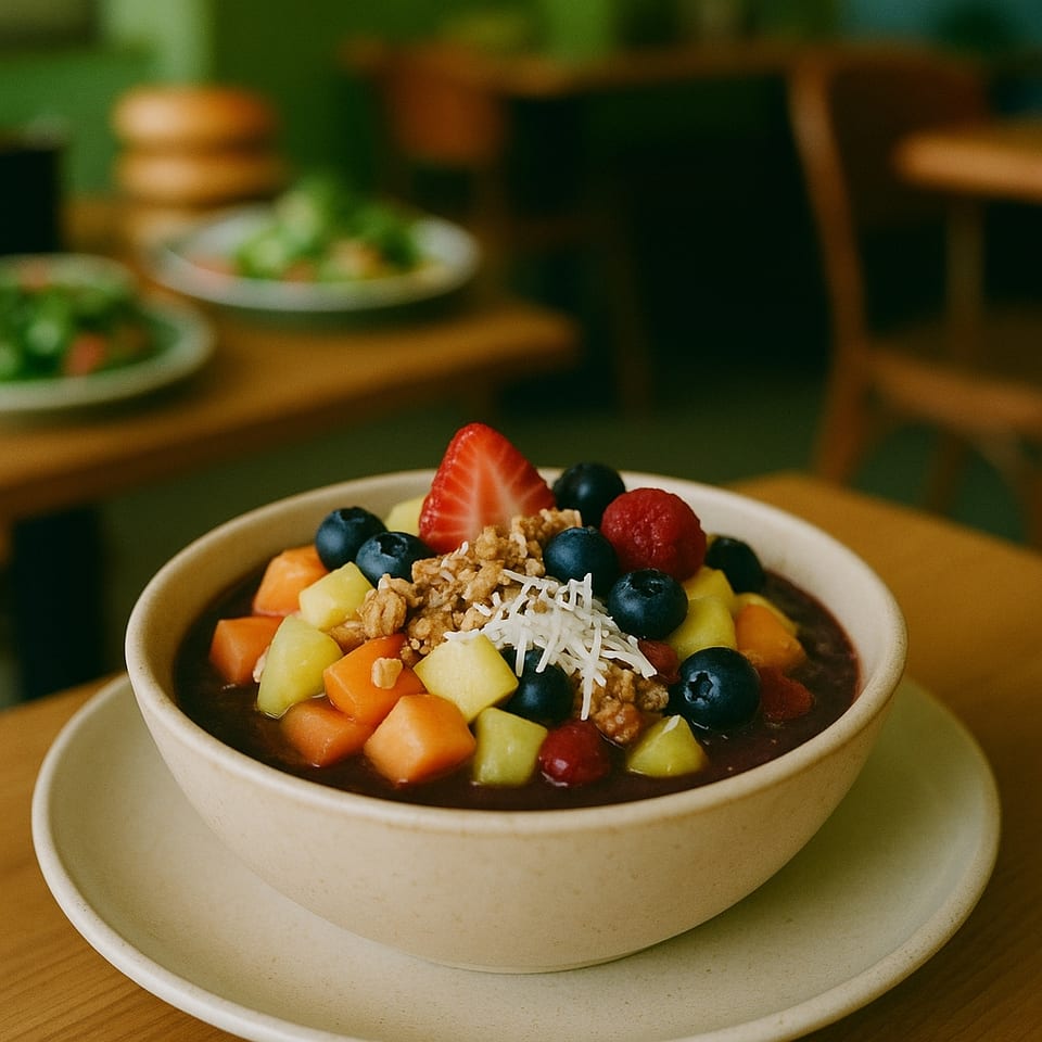 A vibrant acai bowl from The Juice Somm, topped with fresh fruit, granola, and shredded coconut.