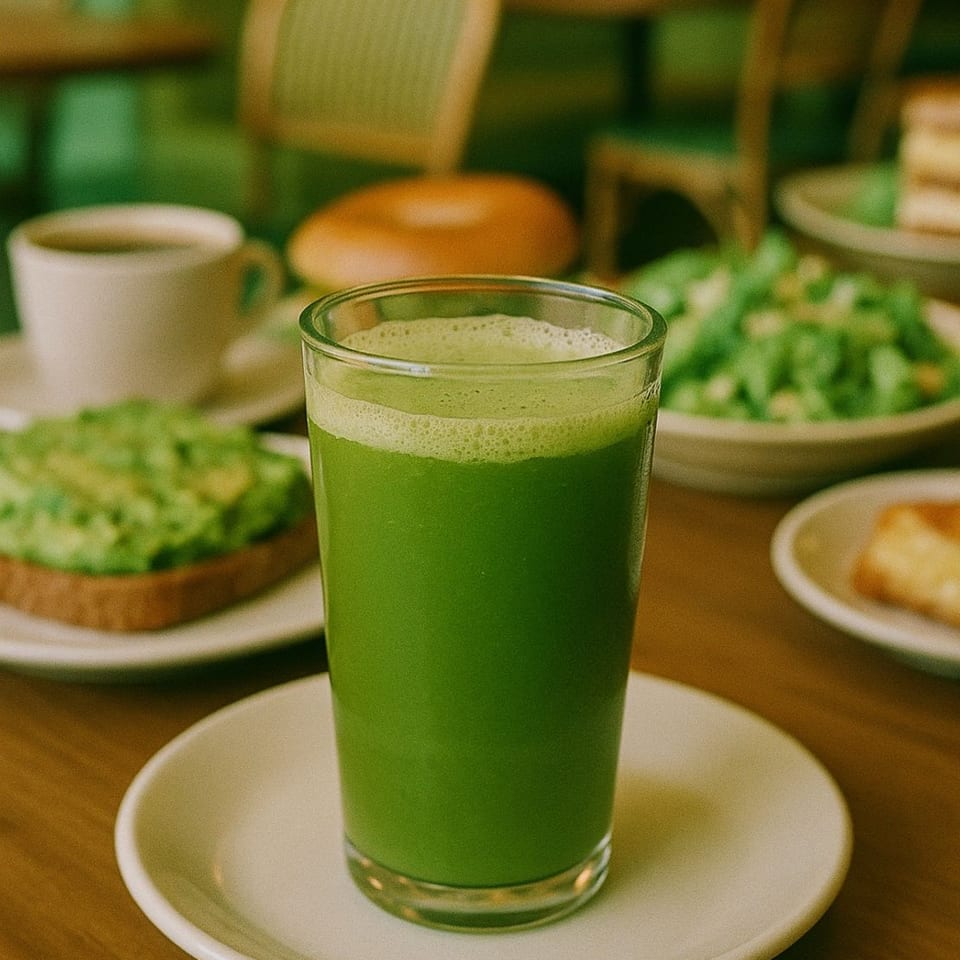A vibrant green juice in a glass, surrounded by avocado toast, coffee, and other cafe items.