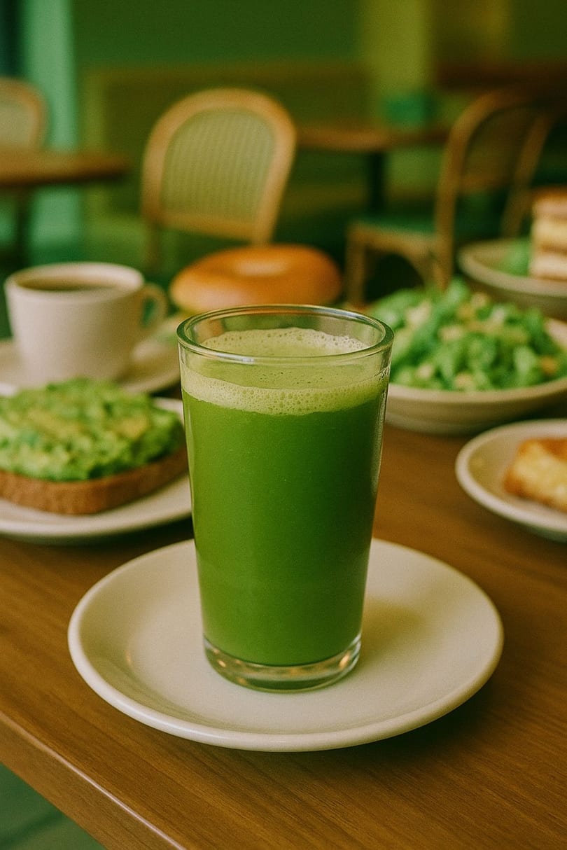 A vibrant green juice in a glass, surrounded by avocado toast, coffee, and other cafe items.