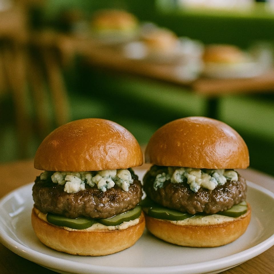 Two gourmet burgers with blue cheese, pickles, and sauce on a white plate at The Juice Somm.