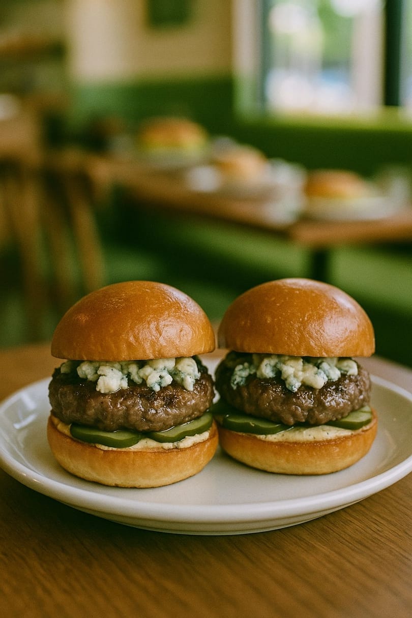 Two gourmet burgers with blue cheese, pickles, and sauce on a white plate at The Juice Somm.