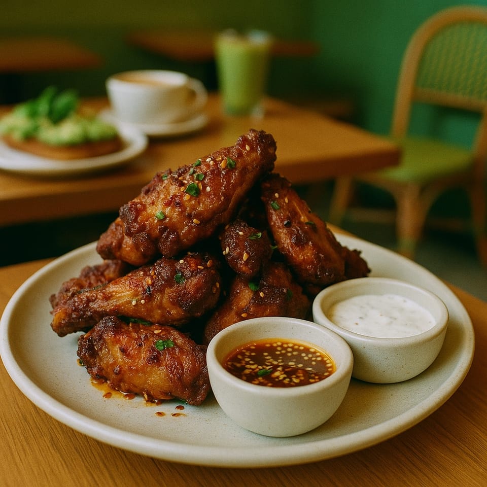 Crispy chicken wings with two dipping sauces on a plate at The Juice Somm cafe.